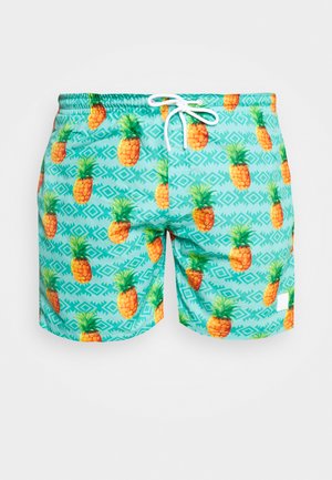 Türkisblaue Badeshorts mit einem Ananas-Muster, einem verstellbaren Bund und geometrischen Akzenten in einer helleren Farbe.