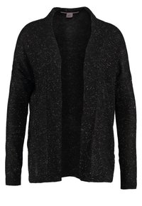 Cárdigan negro con un acabado texturizado, de frente abierto, mangas largas y sutiles manchas blancas por todo su diseño. Material de punto ligero.