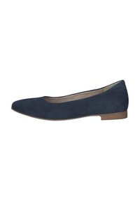 Navy blue suede ballet flats with a rounded toe and minimalistic design, featuring a flat brown sole and a smooth interior lining.