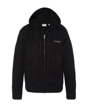 Zwarte geribbelde gebreide hoodie met een rits aan de voorkant, getextureerde stof, twee voorzakken en een geborduurd merkembleem aan de linkerkant op de borst.