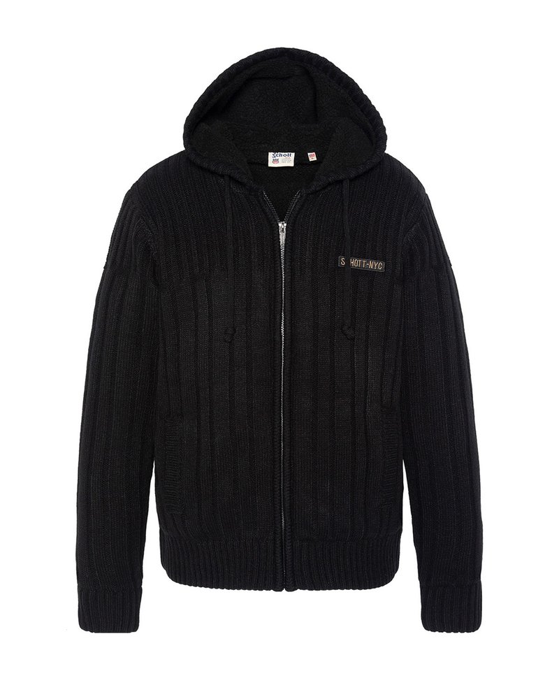 Schwarzer, gerippter Strick-Hoodie mit Reißverschluss vorne, strukturierter Stoff, zwei Fronttaschen und einem Markenpatch auf der linken Brustseite.