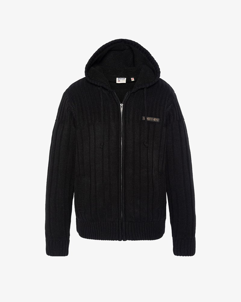 Schwarzer, gerippter Strick-Hoodie mit Reißverschluss vorne, strukturierter Stoff, zwei Fronttaschen und einem Markenpatch auf der linken Brustseite.