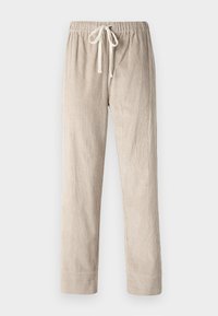 Pantalones de pana beige con un diseño de pierna recta, que cuentan con una cintura elástica y un cordón ajustable, textura suave con estrías verticales.