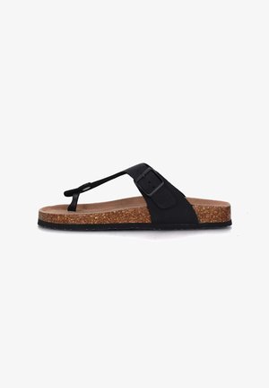 Infradito neri con una suola in sughero testurizzato, suola esterna in gomma e un design a strap sottile con fibbia regolabile.