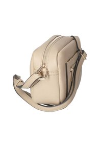 Beige leather crossbody bag with a textured finish, dual zippers, and a black accent strap. Features a front zip pocket and gold hardware.