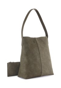 Olivgrüne Tragetasche aus strukturiertem Wildleder mit einer glatten Fläche. Enthält ein passendes Täschchen mit Reißverschluss. Der Griff ist verstellbar.