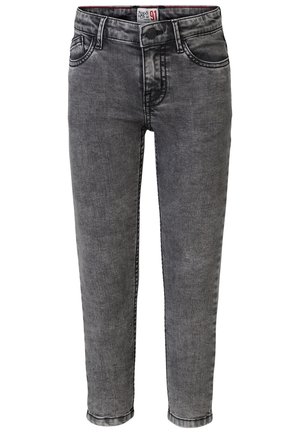 Jean denim slim gris foncé avec fermeture à boutons à l'avant, passants pour ceinture, et design à cinq poches, légèrement délavé.