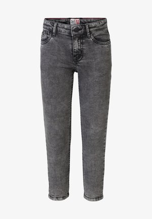 Dunkelgraue Slim-Fit-Denim-Jeans mit vorderem Knopf, Gürtelschlaufen und Fünf-Taschen-Design, leicht ausgewaschener Look.