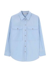 Light blue long-sleeve shirt made of smooth fabric, featuring a classic collar, two chest pockets, and metallic button closures down the front.