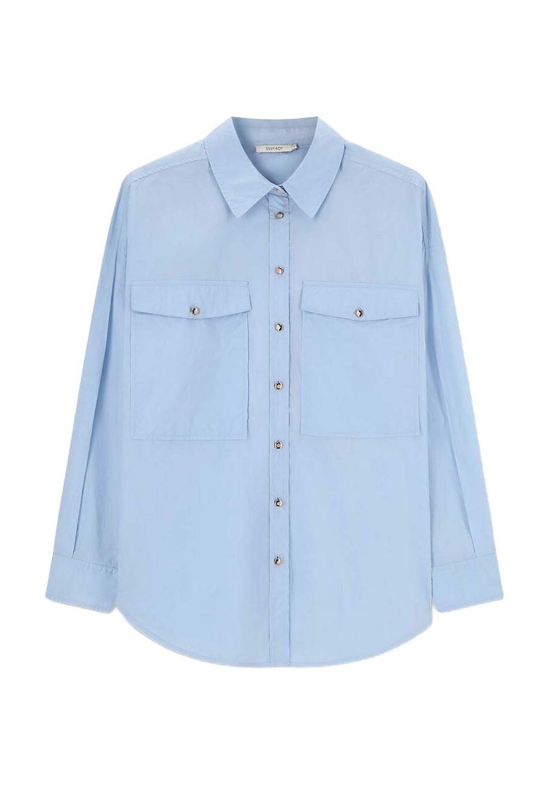Light blue long-sleeve shirt made of smooth fabric, featuring a classic collar, two chest pockets, and metallic button closures down the front.