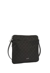 Borsa a spalla in nylon nero con motivo in rilievo, chiusura con zip e tracolla regolabile. Presenta un dettaglio del logo sulla parte anteriore. Texture liscia.