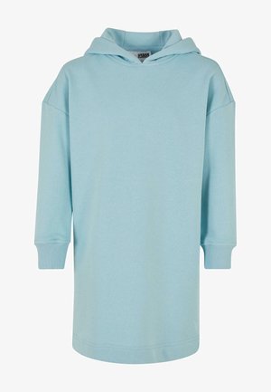 Šviesiai mėlynas džemperis-poilsiui su gobtuvu ir ilgomis rankovėmis, pasižymintis laisvu siluetu, švelnia tekstūra ir raitytomis rankovių kraštų detalėmis.