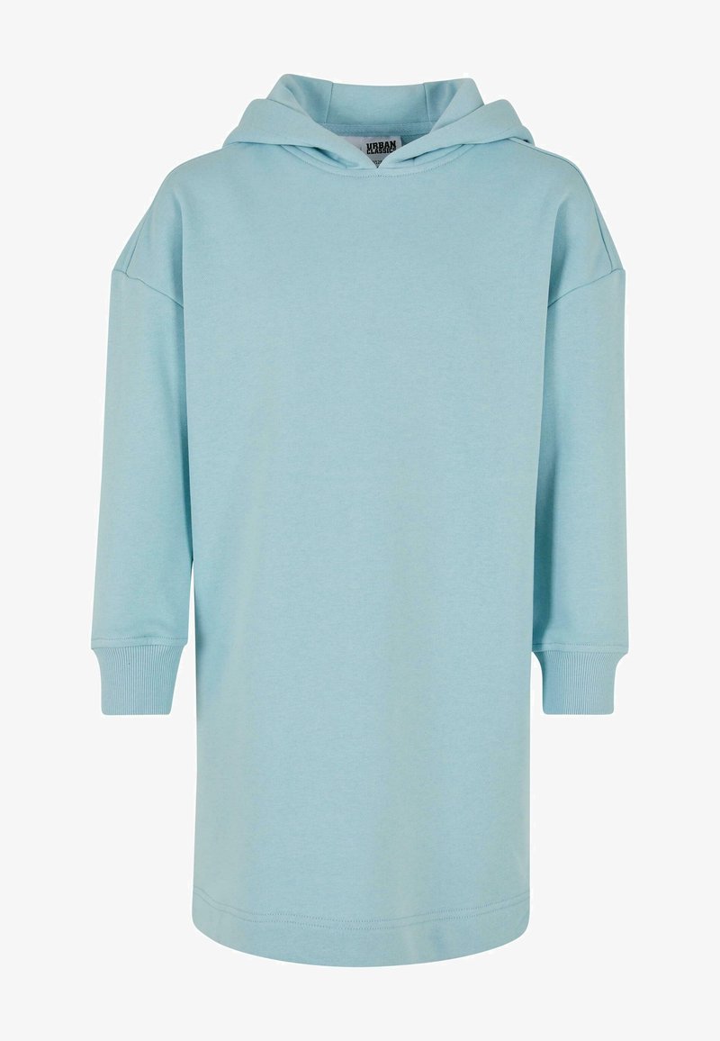 Svijetloplava dukserica haljina s kapuljačom i dugim rukavima, koja ima opušteni kroj, mekanu teksturu i rebraste manžete na krajevima rukava.