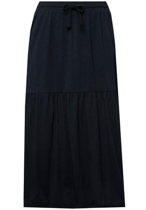 Sort maxi-nederdel lavet af letvægtsstof, med elastisk talje og snore, lagdelt design og en let flydende silhuet.