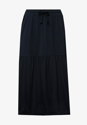 Zwarte maxirok van lichtgewicht stof, met een elastische tailleband met trekkoord, een gelaagd ontwerp en een vloeiende silhouet.