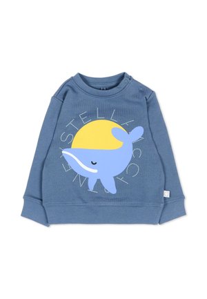 Felpa blu per bambini con grafica di una balena blu sorridente e sfondo giallo con sole, e testo bianco punteggiato che circonda il disegno.
