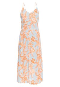 Kukkamekko, jossa oransseja kukkia ja vihreitä lehtiä vaaleansinisellä taustalla, ohuet olkaimet ja laskeutuva siluetti.