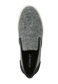 Gray slip-on shoe with a textured fabric upper, black accents, and a white rubber sole. Features a branded black insole.