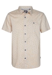 Korte mouwen knoopshirt gemaakt van lichte stof. Crème achtergrond met een klein, multicolored stippenpatroon. Beschikt over een borstzak en blauwe knopen.