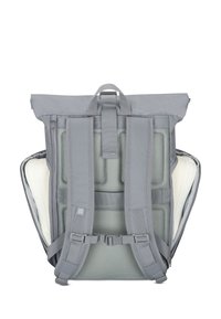 Gray backpack with a roll-top design, mesh back panel, padded straps, and adjustable buckles. Features a zipper pocket on one side.