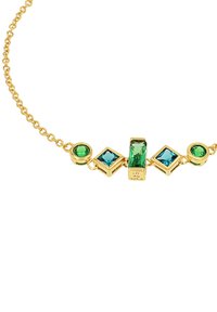 Collar de tono dorado que presenta cristales geométricos verdes y azules alternos con diversas formas, enlazados por una delicada cadena.