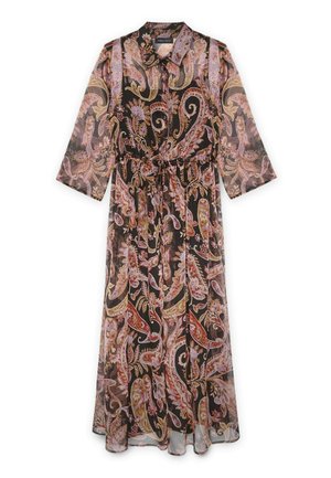 Long, black sheer dress with paisley print in shades of pink, beige, and gold. Features a collar and elasticized waist for adjustable fit.