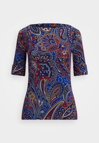 Top a maniche corte con stampa paisley nei colori blu, rosso e oro, con scollatura quadrata e design aderente. Realizzato in un tessuto liscio.