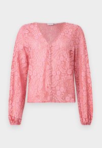 Rosa spetsblus med långa ärmar, djup V-ringning och knappstängning framtill. Blommönster och texturerad tyg ger ett fint intryck.