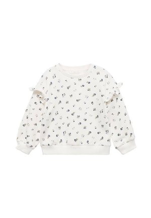 Felpa bianca a maniche lunghe per bambini con una piccola stampa floreale blu e gialla e dettagli di ruches sulle maniche superiori.