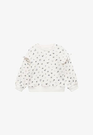 Weißer Kinderpullover mit langen Ärmeln und kleinem blau-gelben Blumenmuster sowie Rüschendetails an den oberen Ärmeln.