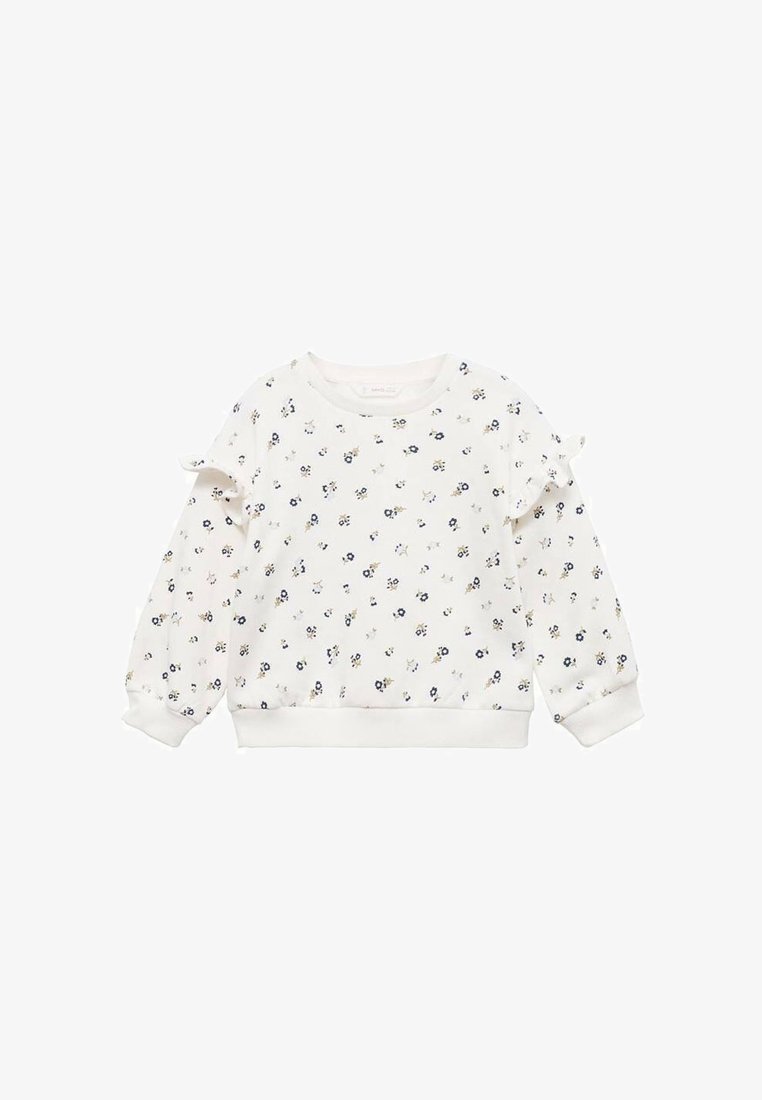 Felpa bianca a maniche lunghe per bambini con una piccola stampa floreale blu e gialla e dettagli di ruches sulle maniche superiori.