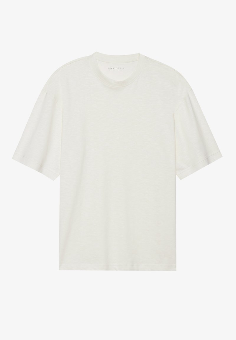 Weißes T-Shirt mit kurzen Ärmeln und Rundhalsausschnitt, aus leichtem, strukturiertem Stoff mit lockerer Passform und subtilen melierten Mustern.