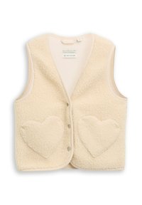Crème-kleurige fleece vest met twee hartvormige voorkeurs en drukknopen, gemaakt van gerecycled materiaal.