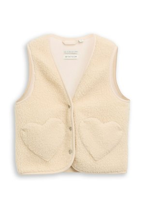 Cream-colored fleece vest with two heart-shaped front pockets and snap button closures, made from recycled material.