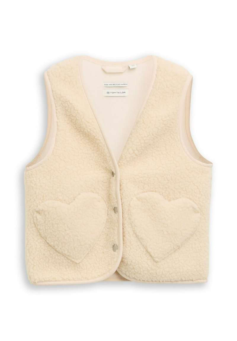 Crème-kleurige fleece vest met twee hartvormige voorkeurs en drukknopen, gemaakt van gerecycled materiaal.