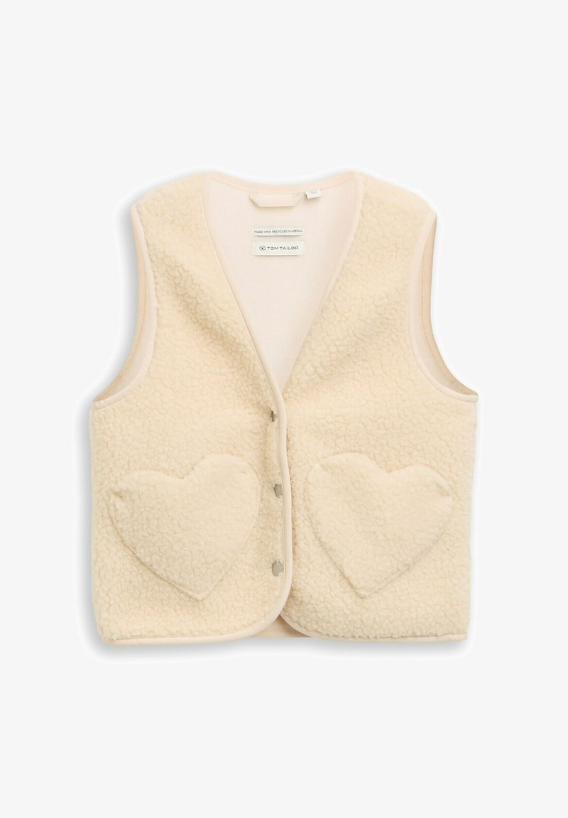 Crème-kleurige fleece vest met twee hartvormige voorkeurs en drukknopen, gemaakt van gerecycled materiaal.