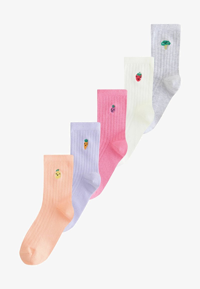Zestaw pięciu skarpetek prążkowanych w pastelowych kolorach: brzoskwiniowy, lawendowy, różowy, biały i szary, z małym haftowanym wzorem owocu lub warzywa na każdej.