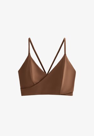 Brassière brune avec un design enveloppant, fabriquée à partir d'un tissu lisse. Dotée de fines bretelles réglables et d'un style dos croisé.