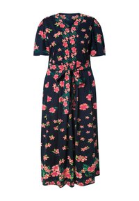 Marineblauwe midi-jurk met korte mouwen, roze bloemenpatroon, V-hals en bijpassende stoffen riem die in de taille is gestrikt.