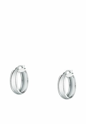 Silver hoop earrings with a polished surface, featuring a smooth, rounded shape and a secure clasp. The design is minimalistic and sleek.
