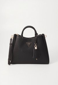 Black synthetic handbag with structured design, dual top handles, detachable shoulder strap, and gold-tone logo and hardware accents.