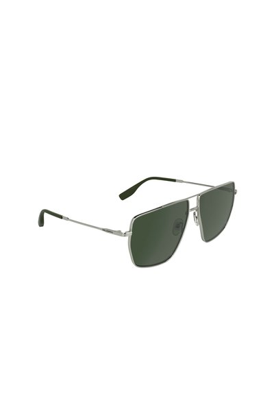 Lunettes de soleil à monture métallique avec des verres rectangulaires vert foncé et des branches fines argentées dotées d'embouts noirs.