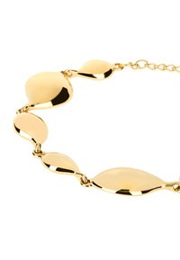 Bransoletka w kolorze złotym z okrągłymi, splatanymi ogniwami o dobrze wypolerowanej powierzchni. Projekt na przemian przedstawia wydłużone i zaokrąglone kształty.