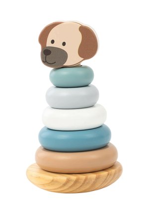 Wooden stacking toy featuring five circular rings in blue, gray, white, and tan, topped with a dog head. Smooth texture and rounded shapes.