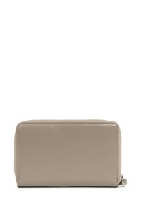 Portafoglio rettangolare beige in pelle con chiusura a zip e dettagli di cucitura lungo i bordi, mostrato frontalmente.
