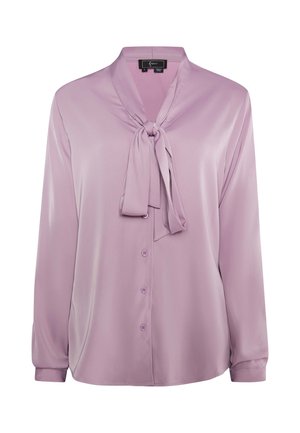 Blusa in misto seta lavanda con dettaglio al collo a fiocco, maniche lunghe e chiusura con bottoni sul davanti, caratterizzata da una texture liscia e lucida.