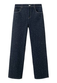 Vaqueros de mezclilla oscura con un diseño de pierna ancha, que presentan adornos de strass esparcidos en la parte frontal. Estilo clásico de cinco bolsillos.