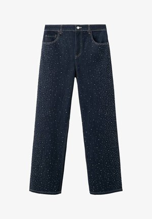 Vaqueros de mezclilla oscura con un diseño de pierna ancha, que presentan adornos de strass esparcidos en la parte frontal. Estilo clásico de cinco bolsillos.
