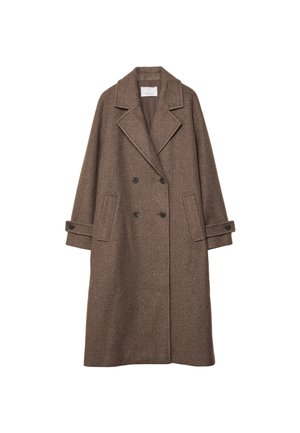 Cappotto doppiopetto in misto lana marrone con ampi rever, due tasche frontali e polsini arrotolati. Superficie testurizzata con un motivo sottile.
