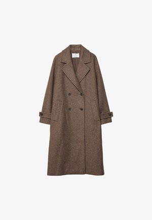 Brown wool blend double-breasted coat featuring large lapels, two front pockets, and rolled-up cuffs. Textured surface with subtle pattern.